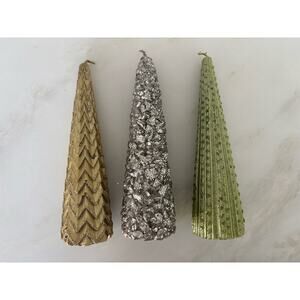 3 Glitter Christmas Tree Candles Green, Silver and Gold